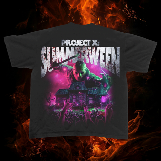 Summerween Festival T‑Shirt — “Project X: Summerween” Neon Horror Graphic